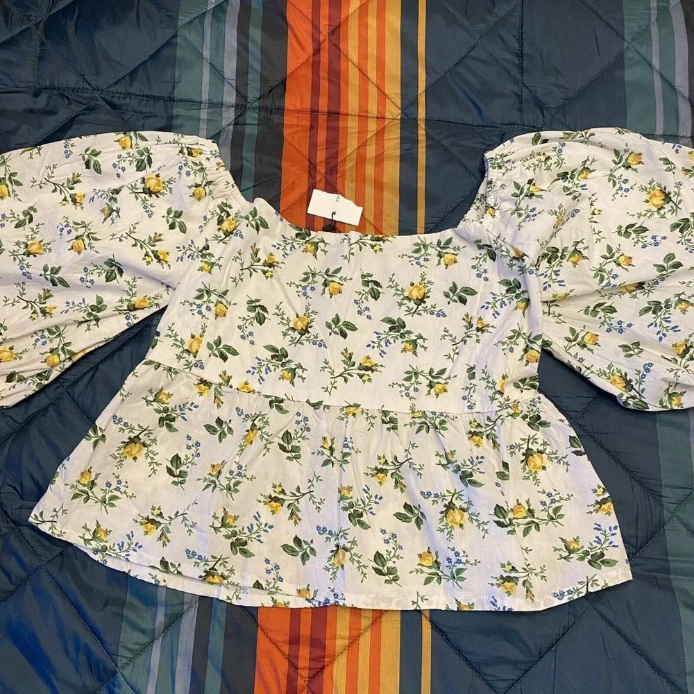 Faithfull the Brand Quincy Crop Top Large US 8 Bendita Floral Print White Puff - Picture 5 of 12